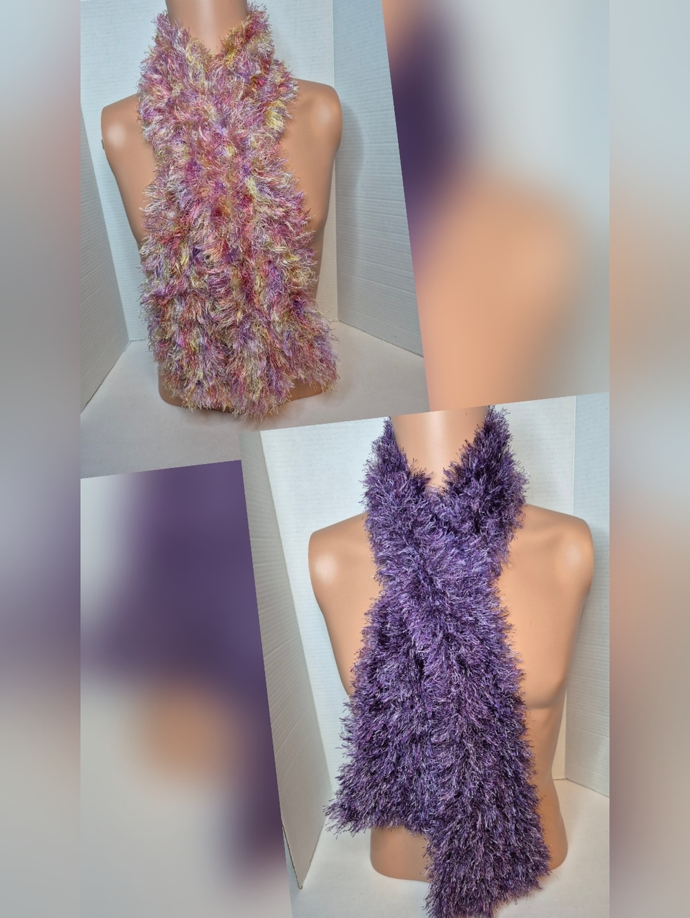 Two Fluffy Eyelash Knit Scarves Multicolor and Violet 44 inches